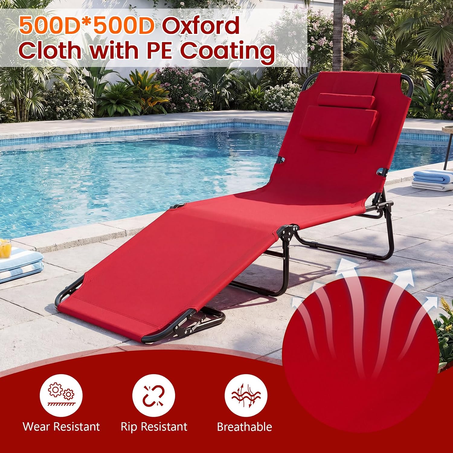 DREAMADE Tanning Chair, Adjustable Beach Lounge Chair w/Face Hole, Pillows, 4-Position Backrest & Footrest, Supports 330 lbs, Outdoor Lounge Chairs for Patio Lawn Camping, Red