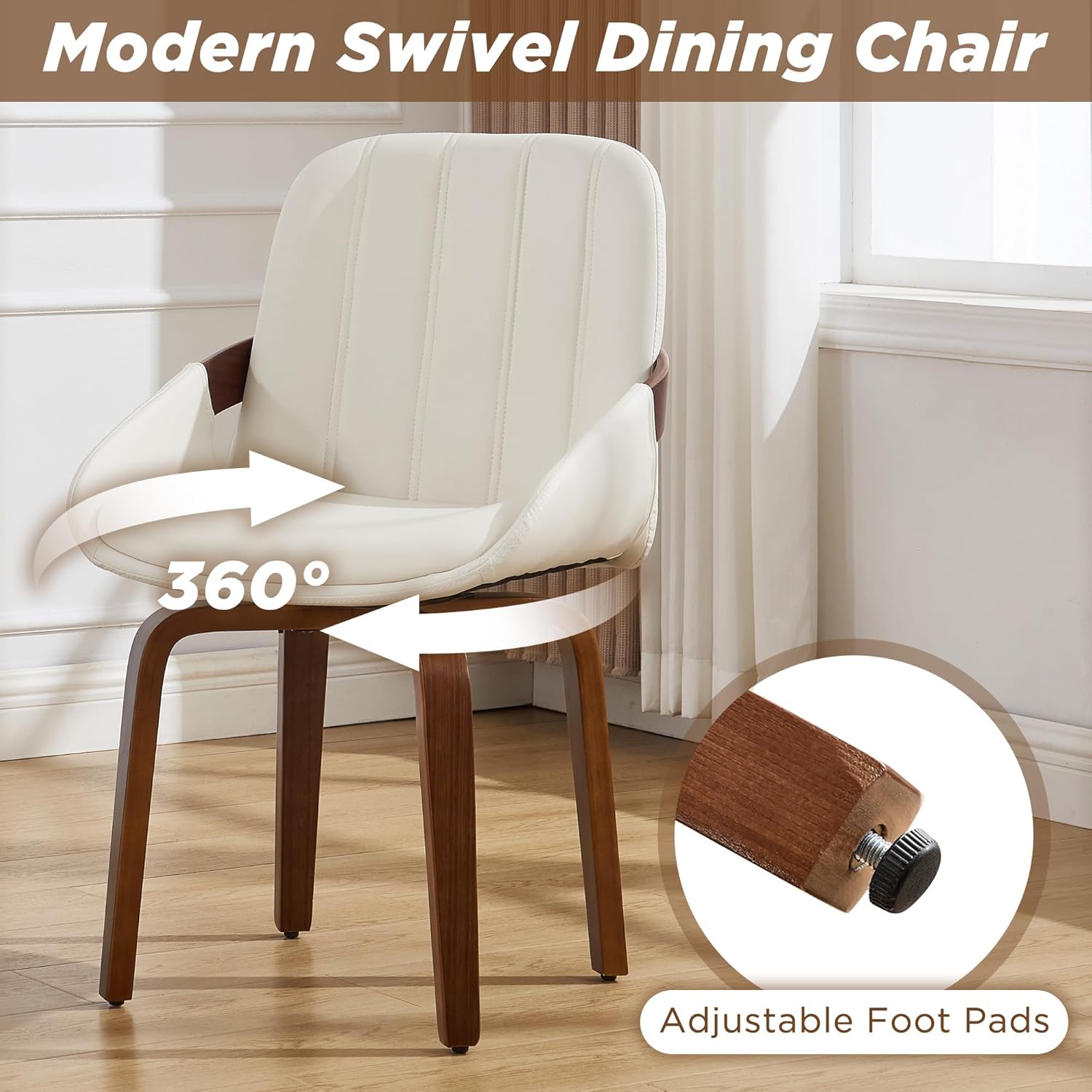Swivel White Dining Chairs Set of 4, Mid Century Modern Faux Leather Dining Room Chairs with Arms, Upholstered Kitchen Vanity Accent Chair, Walnut Backrest Support & Sturdy Wood Legs
