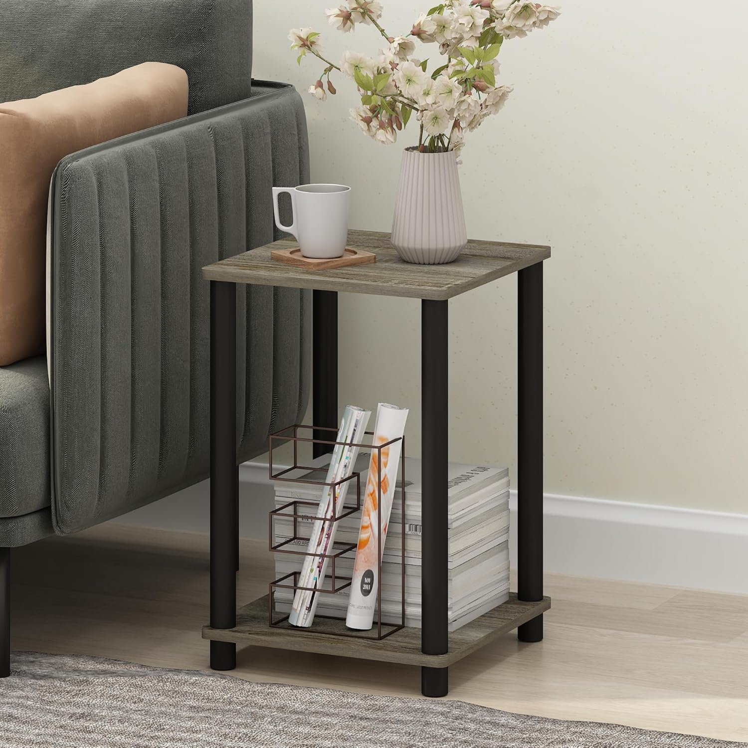 Furinno Turn-N-Tube Toolless Assembly Side Table Set of 2, Stackable 2-Tier Grey End Table with Open Shelf, Night Stand, Bedside Table, for Living Room, Bedroom, Grey Oak