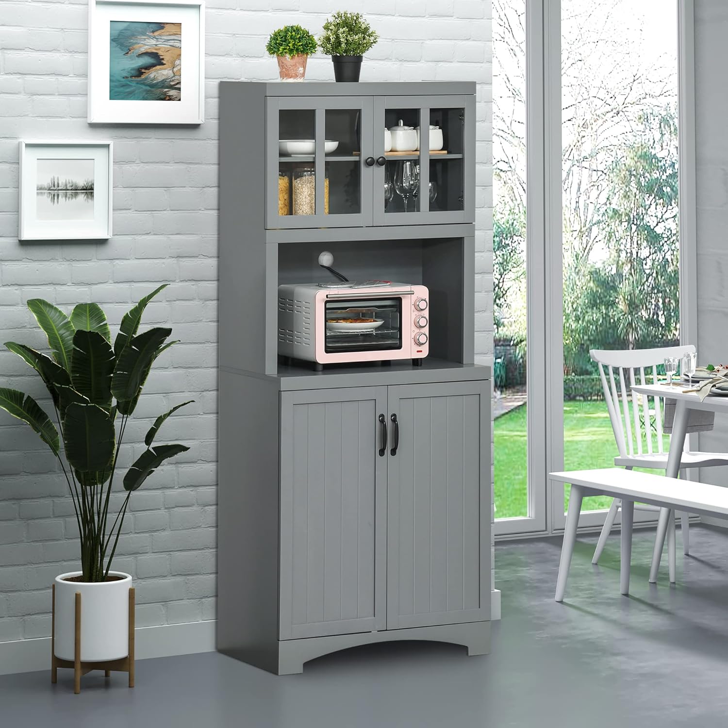 HOMCOM Kitchen Hutch, 70" Pantry Cabinet with Glass Framed Door, Storage Cabinet with Adjustable Shelves and Microwave Space for Dining Room, Gray
