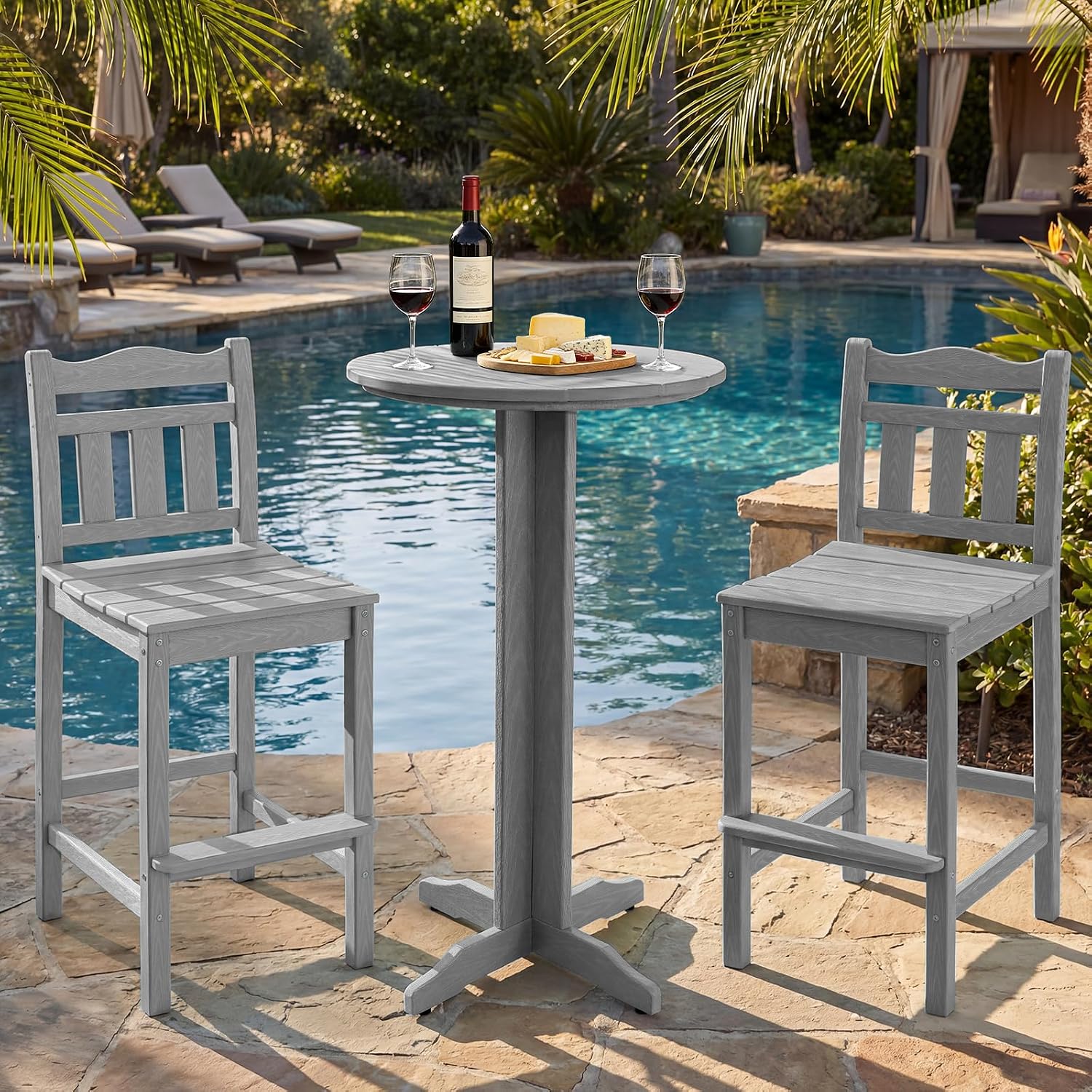 Outdoor Bar Stools Set of 2, HDPE Tall Adirondack Bar Chairs 27.5 Inch Seat Height w/Backrest, All Weather Patio Bar Height Chairs for Bistro Balcony Deck Poolside (Slate Grey)