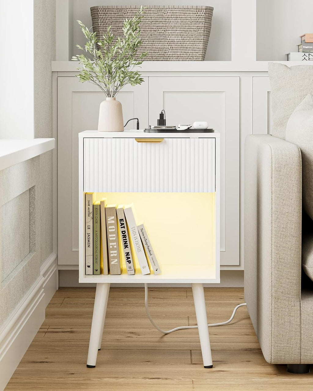 White Fluted Nightstand with Charging Station, Modern Bedside Table with Storage Drawer, Wood Night Stand Side End Table for Bedroom, Living Room, Office
