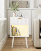 White Fluted Nightstand with Charging Station, Modern Bedside Table with Storage Drawer, Wood Night Stand Side End Table for Bedroom, Living Room, Office