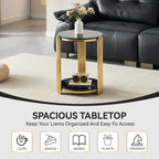 Henf Round Glass End Table Modern Luxury Accent Sofa Side Table, 2-Tier Black Glass End Tables Nightstand with Tempered Glass Top and Shiny Gold Stainless Steel Base for Living Room Bedroom