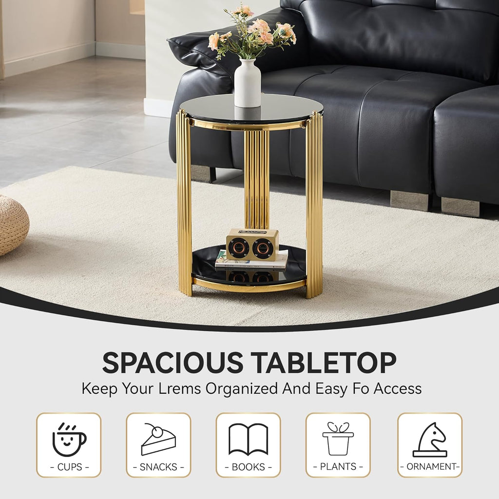 Glass Round End Table with 2-Tier Storage, Black Tempered Glass Top with Gold Stainless Steel Frame, Modern Living Room Side Table, Black Gold Accent Table, 80 LBS Capacity