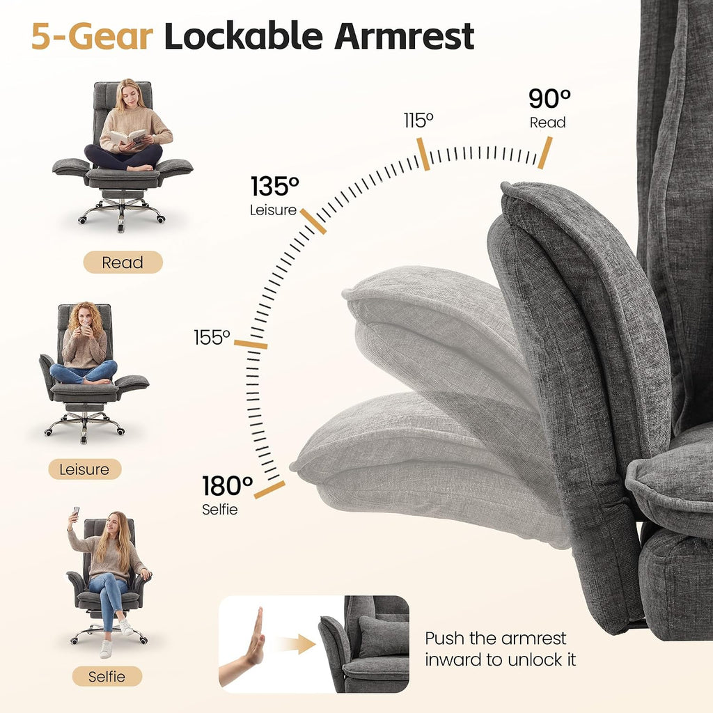 Big and Tall Office Chair, Cloud Reclining Office Chair with Footrest & Flip Armrest for Pets, Executive Ergonomic Criss Cross Desk Chair, Swivel Gaming Chair with Lumber Pillow, Chenille Light Grey