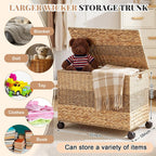Cinnvoice 17.2 Gallon(65 L) 22×13×14 in Wicker Storage Trunk with Wheels & Lid Heavy Duty Rolling Storage Bench Large Toy Chest Water Hyacinth Woven Blanket Bin for Bedroom, Laundry Room, Tricolor