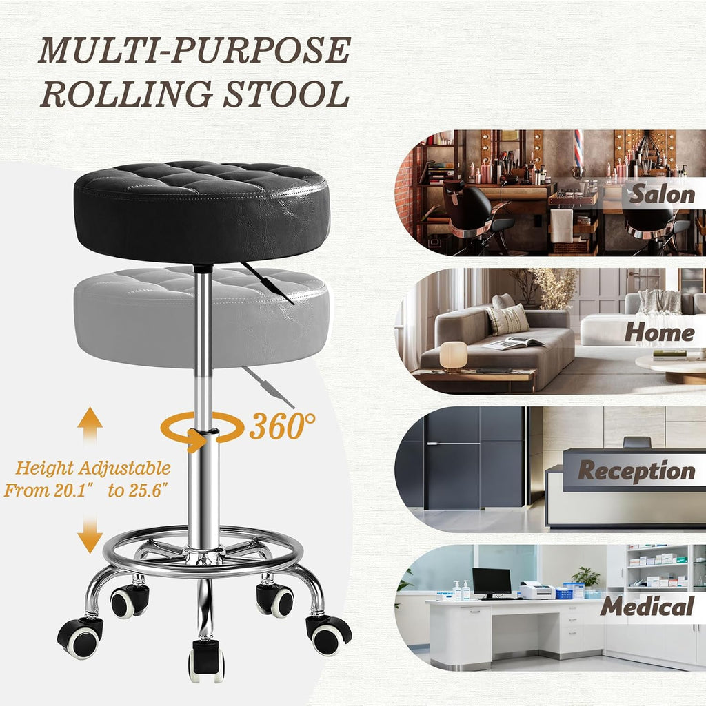 500lb Rolling Stool with Thickened Ultra Soft Padded Seat, 5-mins Easy Assembly Drafting Stool with Round Footrest, PU Leather Adjustable Swivel Stool with Wheels for Home, Office, Spa (Black)