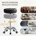 500lb Rolling Stool with Thickened Ultra Soft Padded Seat, 5-mins Easy Assembly Drafting Stool with Round Footrest, PU Leather Adjustable Swivel Stool with Wheels for Home, Office, Spa (Black)