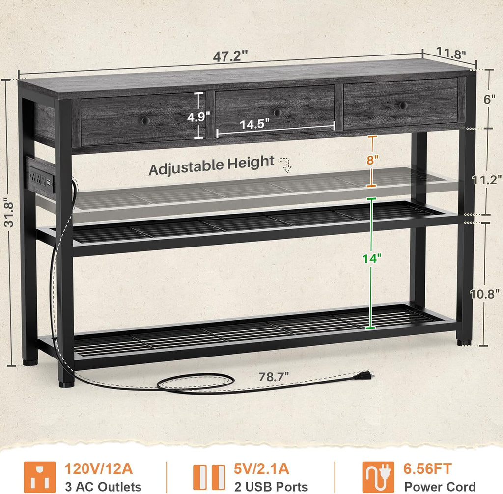 Ecoprsio 47'' Entryway Table with Outlets and USB Ports, Console Table with 3 Drawers, Sofa Table Narrow Long with Storage Shelves for Living Room, Couch, Hallway, Foyer, Kitchen Counter, Grey