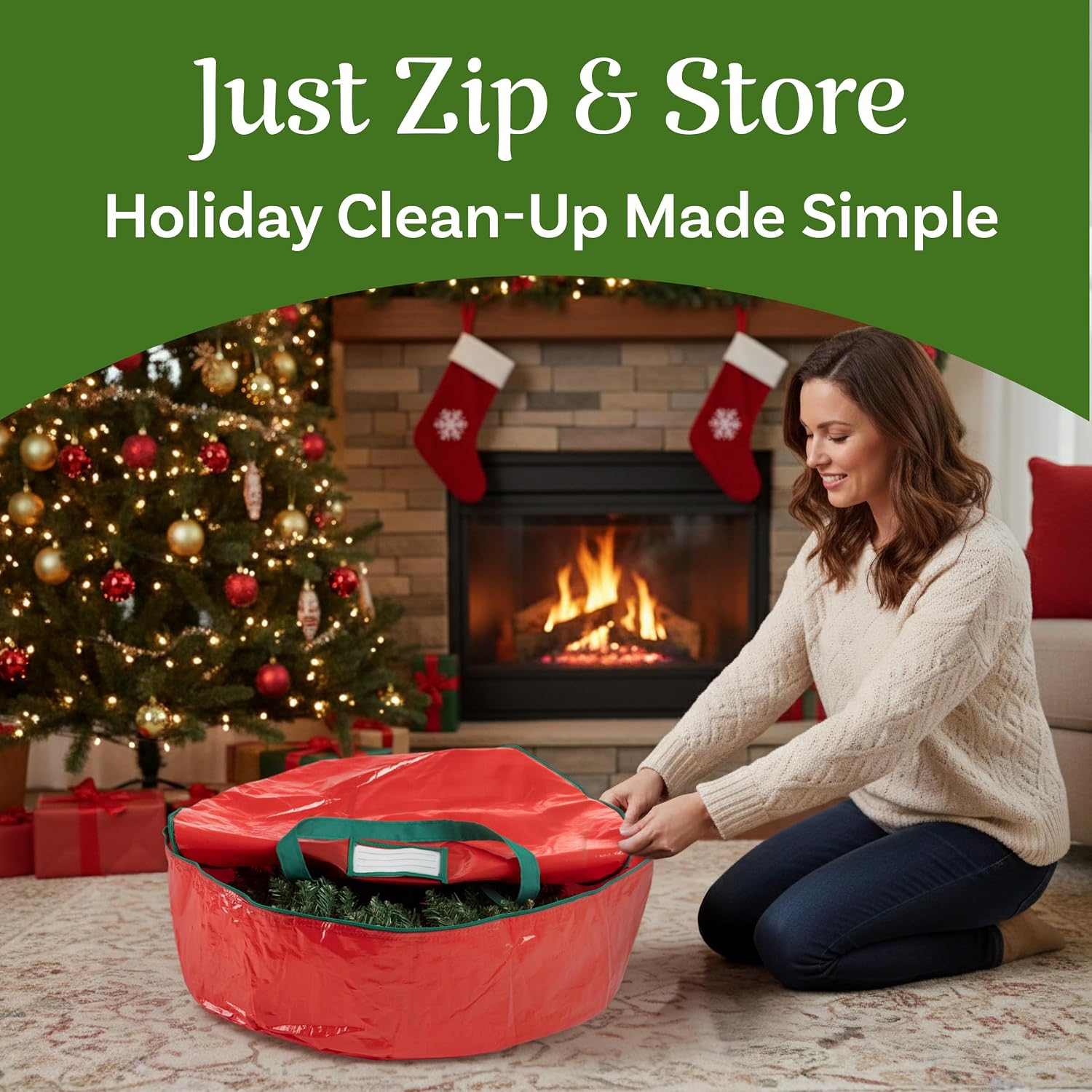 Wreath Storage Bag - 24-inch Organizer for Artificial Christmas Wreaths and Garland - Holiday Themed Tote with Green Handles by Tiny Tim Totes (Red)