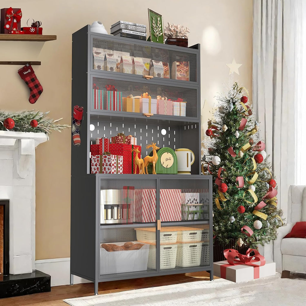 73" Tall Kitchen Pantry Cabinet, 6-Level Metal Storage with Flip Door, Pegboard, Microwave Shelf & Anti-Tip Design for Kitchen, Dining Room, Living Room,Grey