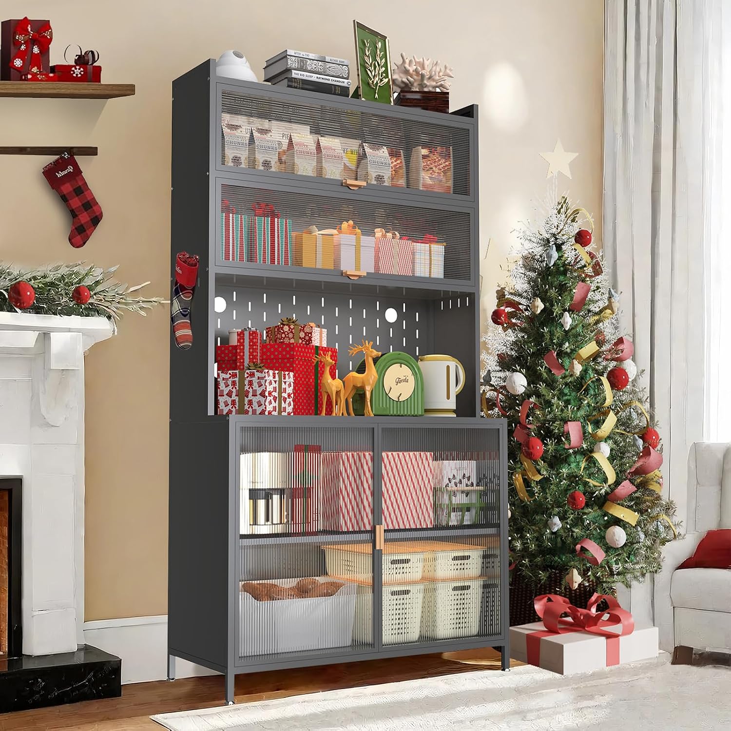 73" Tall Kitchen Pantry Cabinet, 6-Level Metal Storage with Flip Door, Pegboard, Microwave Shelf & Anti-Tip Design for Kitchen, Dining Room, Living Room,Grey