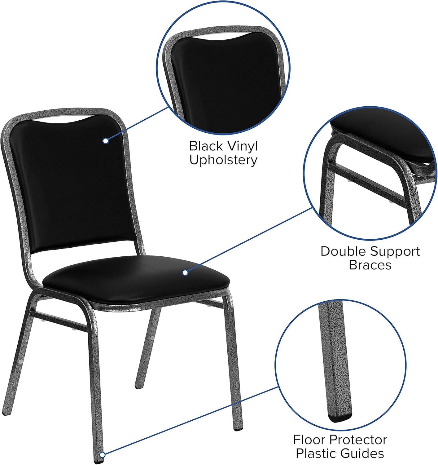 BizChair Stacking Banquet Chair in Black Vinyl - Silver Vein Frame