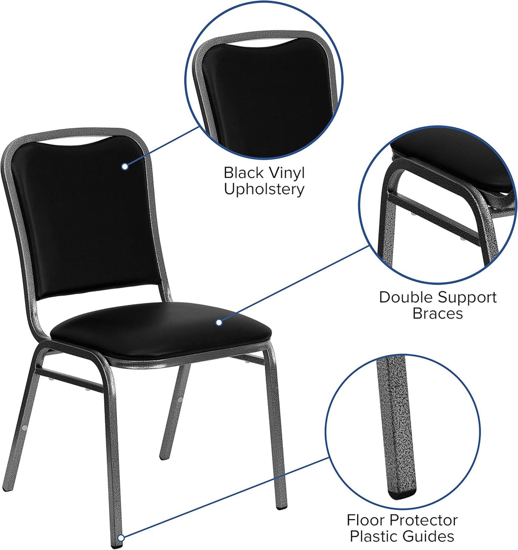 EMMA + OLIVER Stacking Banquet Chair in Black Vinyl - Silver Vein Frame
