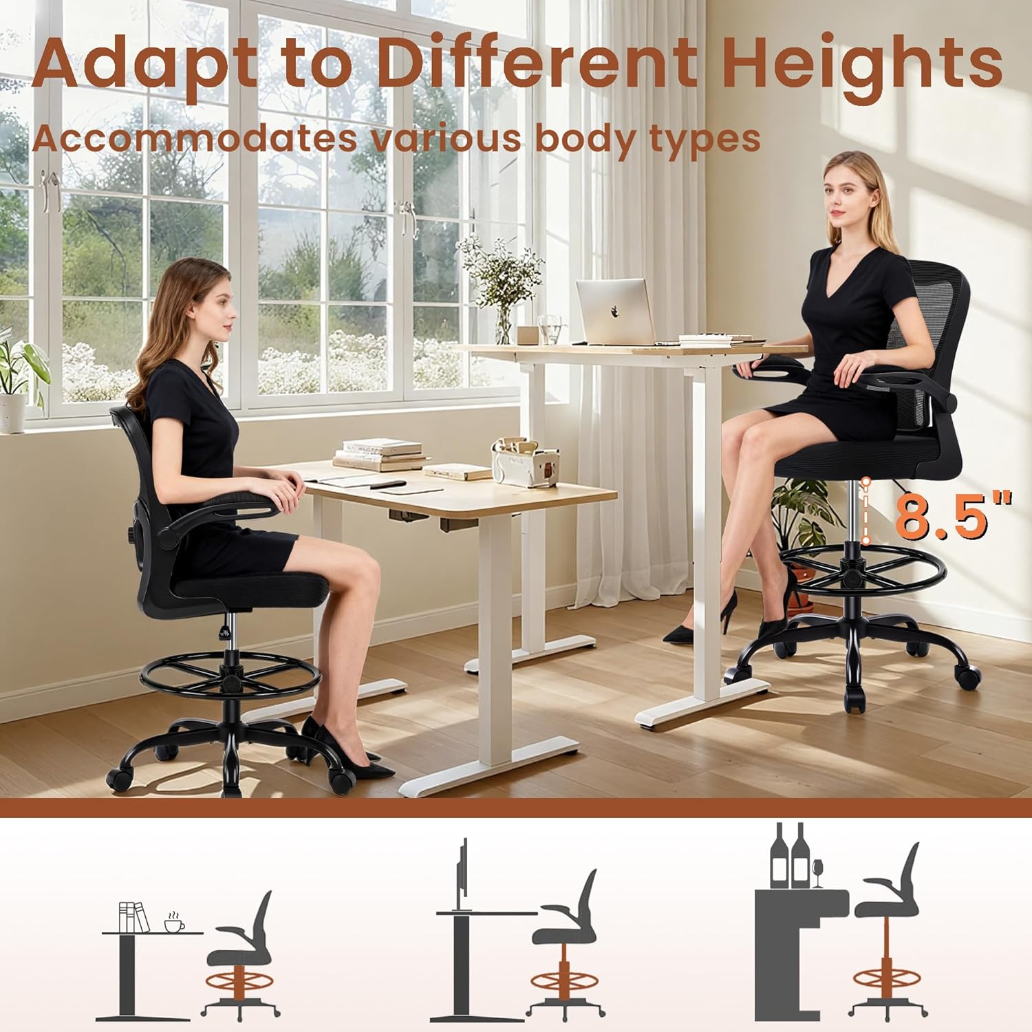 AreShark Drafting Office Chair - Ergonomic Tall Office Chair with Adjustable Footrest Ring - Counter Height Adjustable Rolling Standing Desk Chair with Lumbar Support and Flip-up Armrests for Home