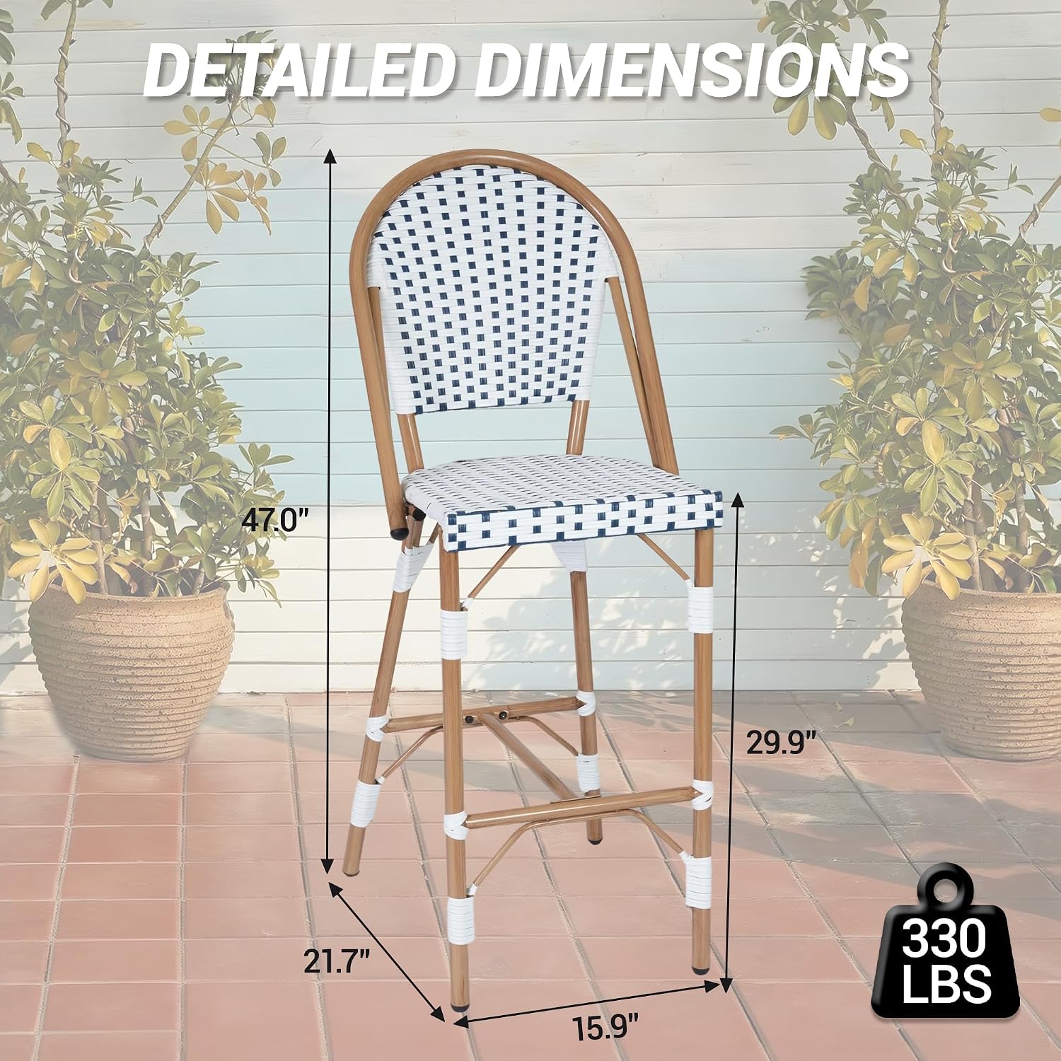 Outdoor French Counter Bar Stools Set of 4, 30" Height Patio Rattan Stools w/Wood Print Finish, All-Weather Armless Wicker Chairs for Poolside Backyard Front Porch Garden Kitchen, White/Blue