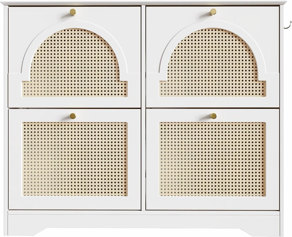 Freestanding Shoe Rack, Tipping Bucket Shoe Cabinet with 4 Flip Drawers, Elegant Entryway Shoe Organizer with 4 Rattan Doors,for Kitchen Home
