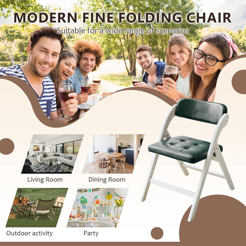 Wooden Folding Chairs Set of 2, Modern Folding Chairs with Padded Seats, Folding Dining Chairs, Padded Folding Chair for Party Chairs, Weddings, WhiteGreen