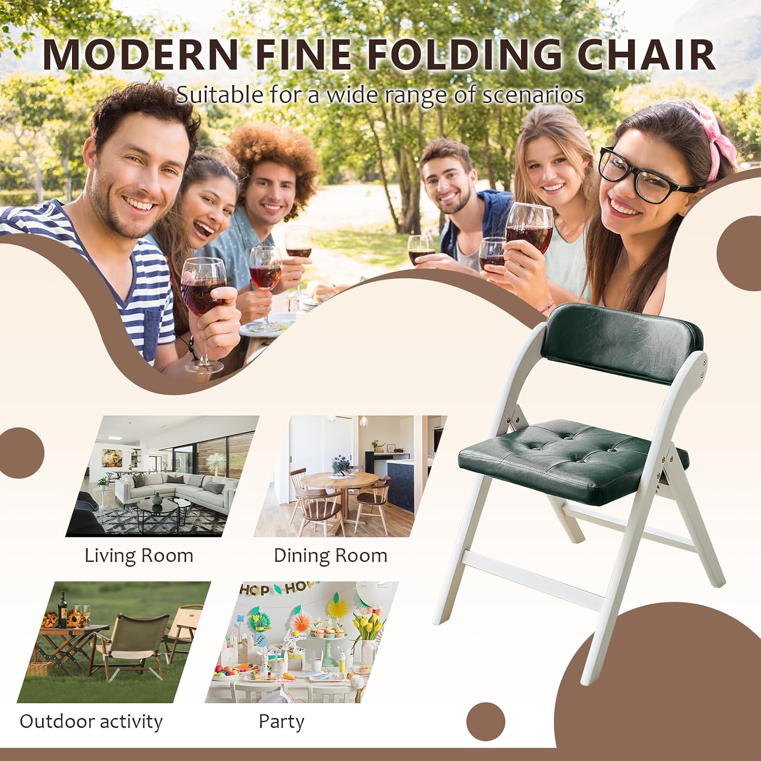 Wooden Folding Chairs Set of 2, Modern Folding Chairs with Padded Seats, Folding Dining Chairs, Padded Folding Chair for Party Chairs, Weddings, WhiteGreen
