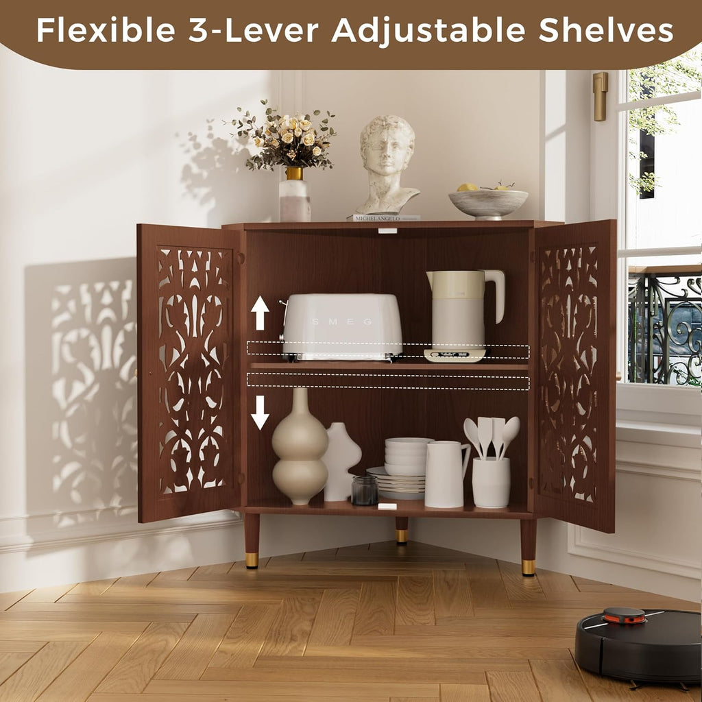 3More 2-Door Retro Accent Corner Cabinet, Hollow Carved Doors Storage Cabinet with Adjustable Shelf and Gold Aluminum Handles, Furniture for Living Room Dining Room Bathroom