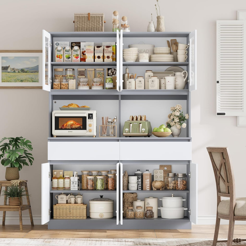 Keyluv 75" x 55" Kitchen Pantry Storage Cabinet with Glass Doors and Drawers, Wide China Cabinet Hutch with Microwave Stand Coffee Bar, Food Pantry with Hutch Shelf for Dining Room, White/Grey