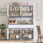 Keyluv 75" x 55" Kitchen Pantry Storage Cabinet with Glass Doors and Drawers, Wide China Cabinet Hutch with Microwave Stand Coffee Bar, Food Pantry with Hutch Shelf for Dining Room, White/Grey