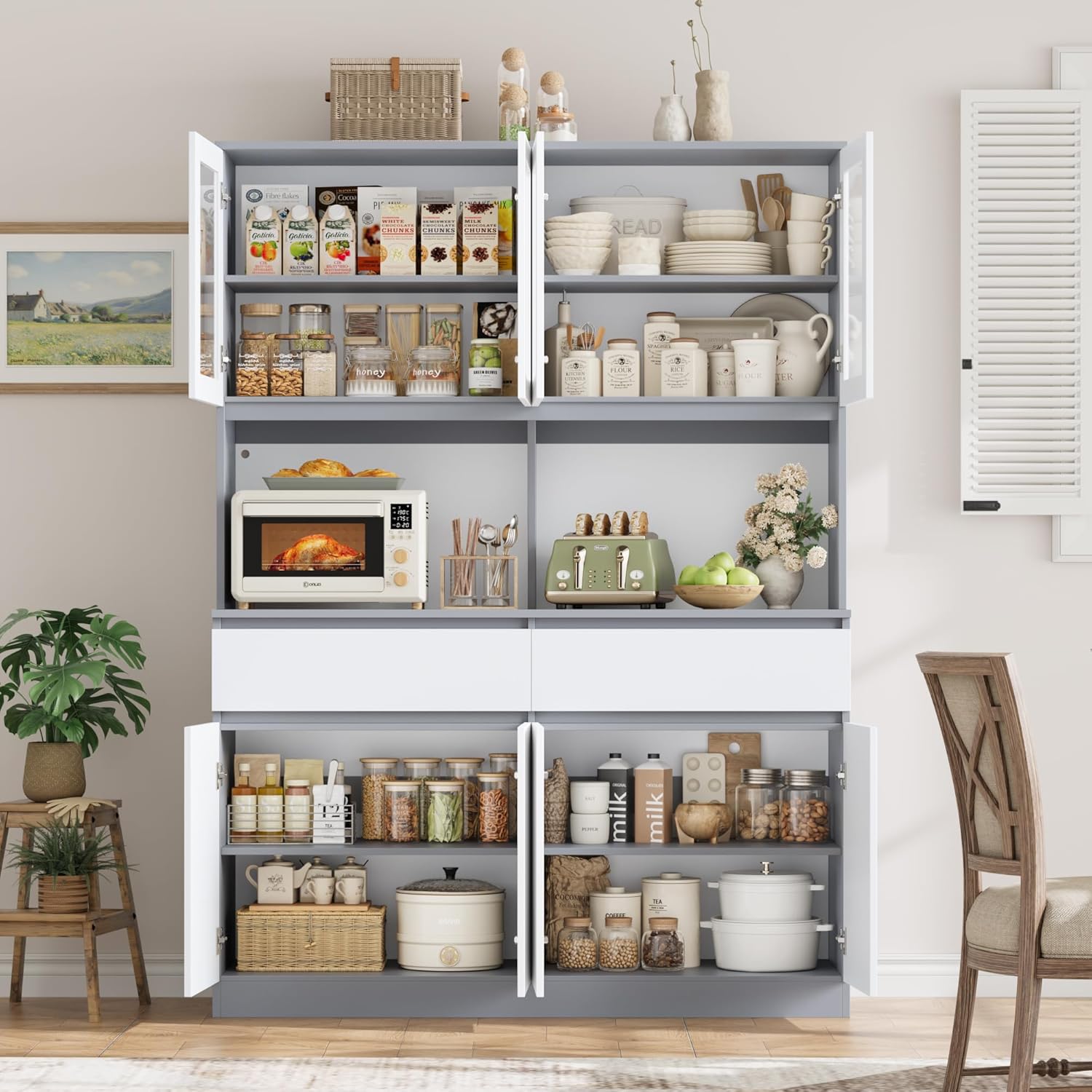 Keyluv 75" x 55" Kitchen Pantry Storage Cabinet with Glass Doors and Drawers, Wide China Cabinet Hutch with Microwave Stand Coffee Bar, Food Pantry with Hutch Shelf for Dining Room, White/Grey