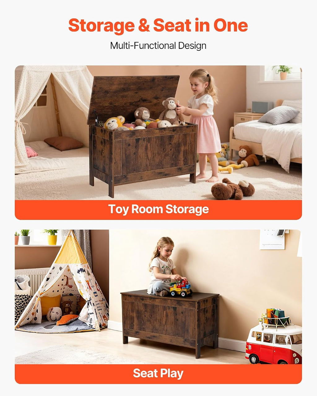 VEVOR Kids Storage Bench, Wooden Toy Box Chest, Large Storage Cabinet with Safety Hinge, Toddlers Retro Storage Bench for Playroom, Living Room or Entryway, 29.7 x 15.3 x 18.9 in, Easy Assembly, Brown