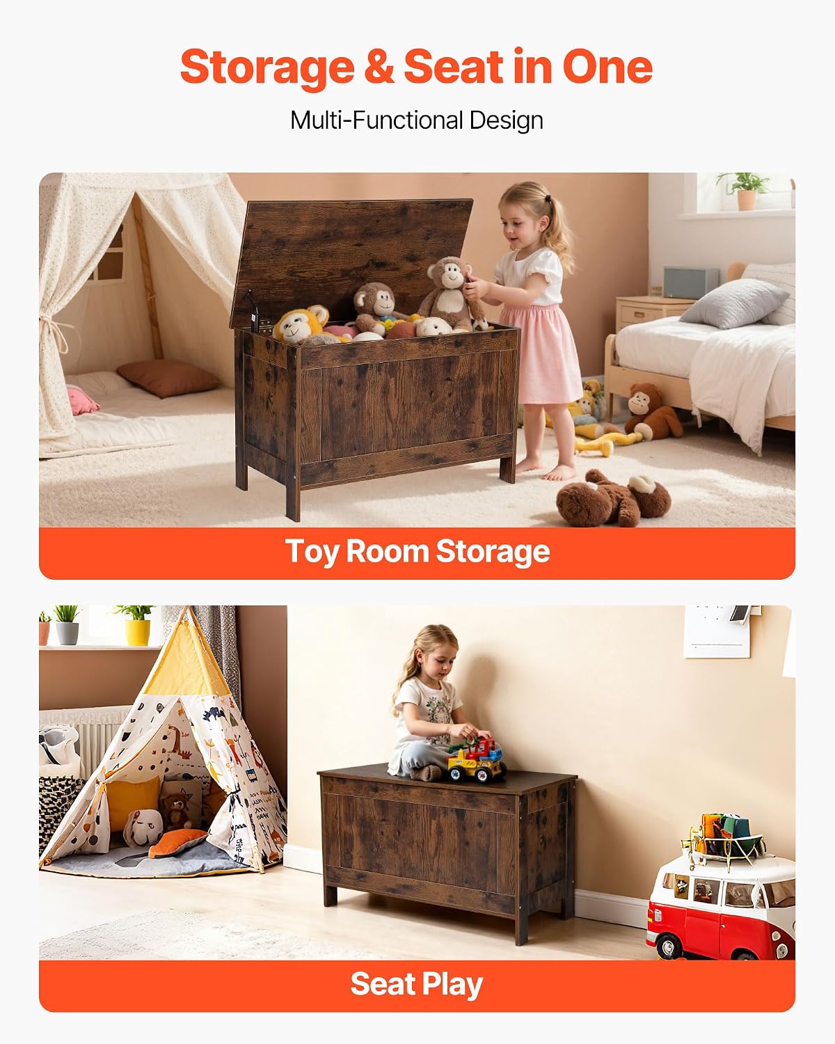 VEVOR Kids Storage Bench, Wooden Toy Box Chest, Large Storage Cabinet with Safety Hinge, Toddlers Retro Storage Bench for Playroom, Living Room or Entryway, 29.7 x 15.3 x 18.9 in, Easy Assembly, Brown