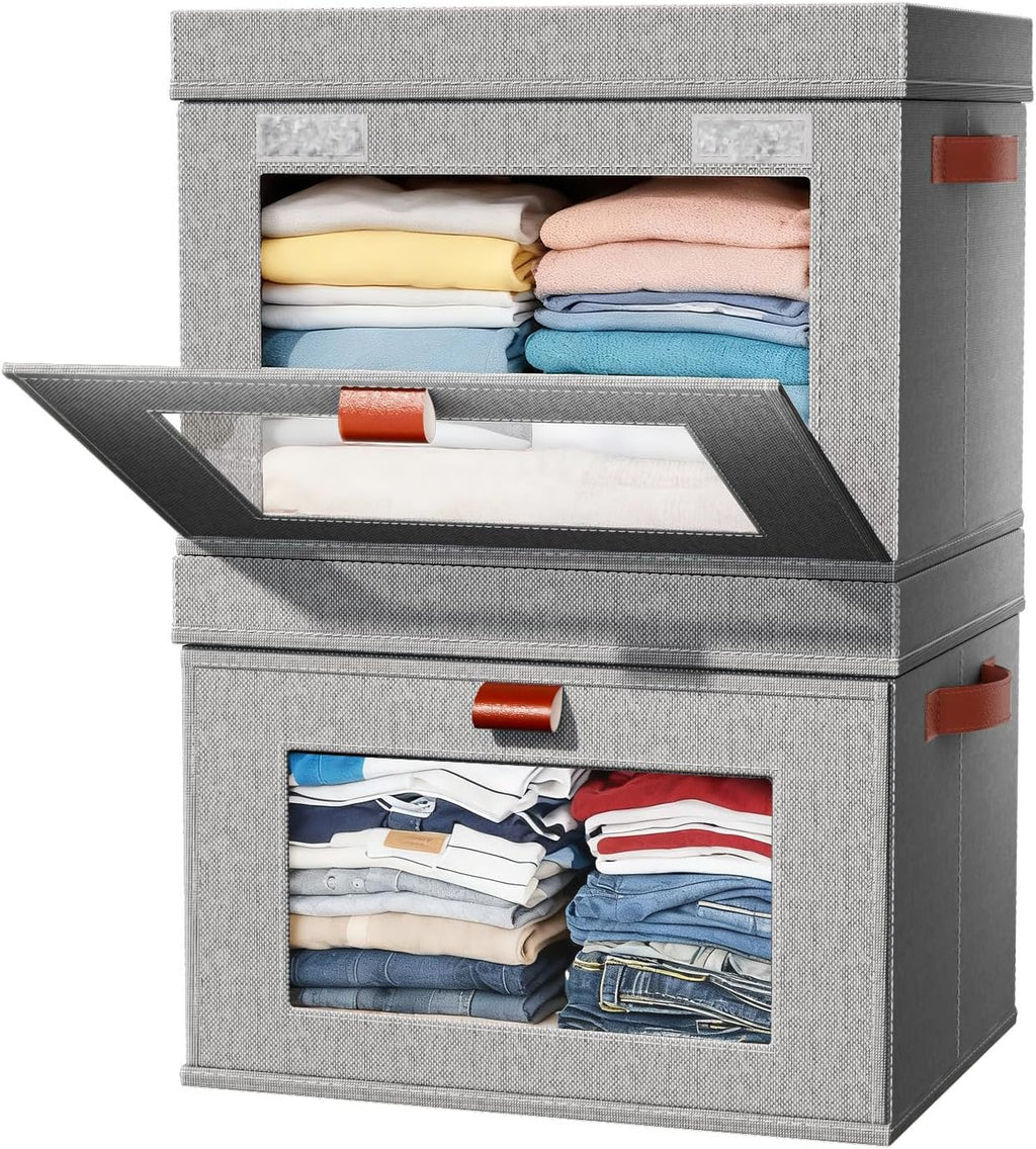 2-Pack Large Storage Bins with Lids,Stackable&Collapsible Closet Storage Bins,Oxford Fabric Organizer Box with Clear Window,Large Decorative Storage Boxes for Closet,Dorm16.5"x11.8"x11"