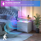 Vlsrka RGB Nightstand with Glass Top,Smart Night Stand with Charging, White | LED End Table with Lockable Compartment, Two Drawers, Human Body Sensor Light, Futuristic Side Table for Bedside Bedroom