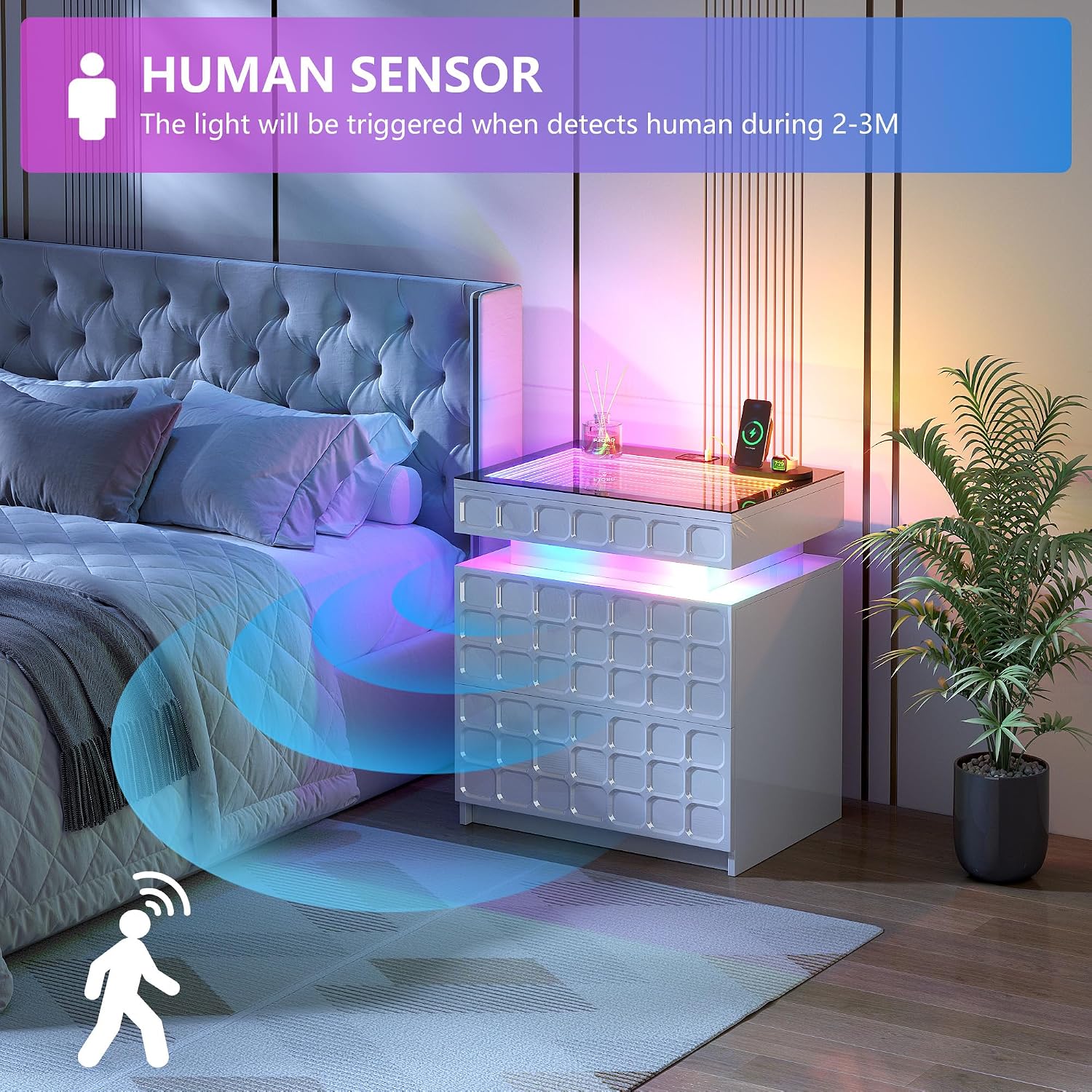 Vlsrka RGB Nightstand with Glass Top,Smart Night Stand with Charging, White | LED End Table with Lockable Compartment, Two Drawers, Human Body Sensor Light, Futuristic Side Table for Bedside Bedroom