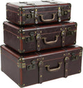 Deco 79 Faux Leather Decorative Trunk Nesting Upholstered Decorative Large Boxes with Vintage Accents and Studs, Set of 3 Storage Trunks 18", 21", 23"W, Brown
