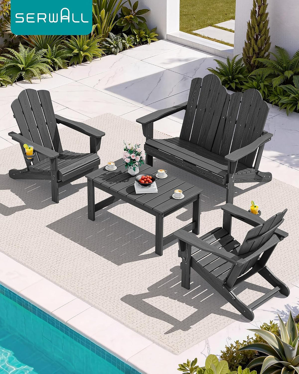 SERWALL Outdoor Coffee Table with 1.69" Umbrella Hole, HDPE Patio Coffee Table for Outside, Rectangle, Gray