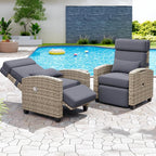 GarveeLife Outdoor Recliner Chair, PE Wicker Lounge Chair with Adjustable 145° Lay-Flat Backrest, Independent Footrest & Side Table, Plush Cushion for Patio, Poolside, Backyard in Brown