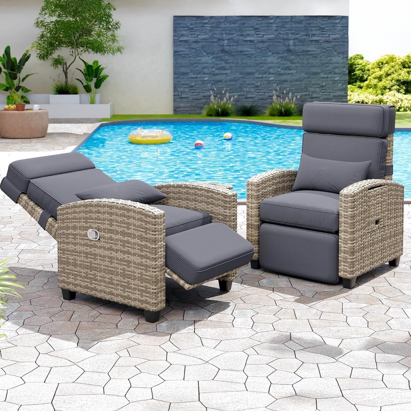 GarveeLife Outdoor Recliner Chair, PE Wicker Lounge Chair with Adjustable 145° Lay-Flat Backrest, Independent Footrest & Side Table, Plush Cushion for Patio, Poolside, Backyard in Brown