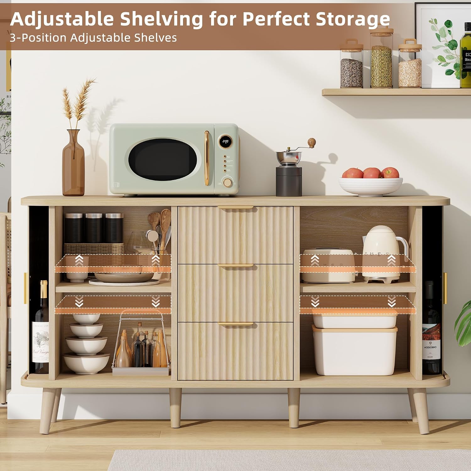 Lulive Natrual Buffet Cabinet, 55" Wide Sideboard Buffet Storage Cabinet with Rolling & Sliding Doors, Modern Bar Cabinet for Kitchen & Dining Room