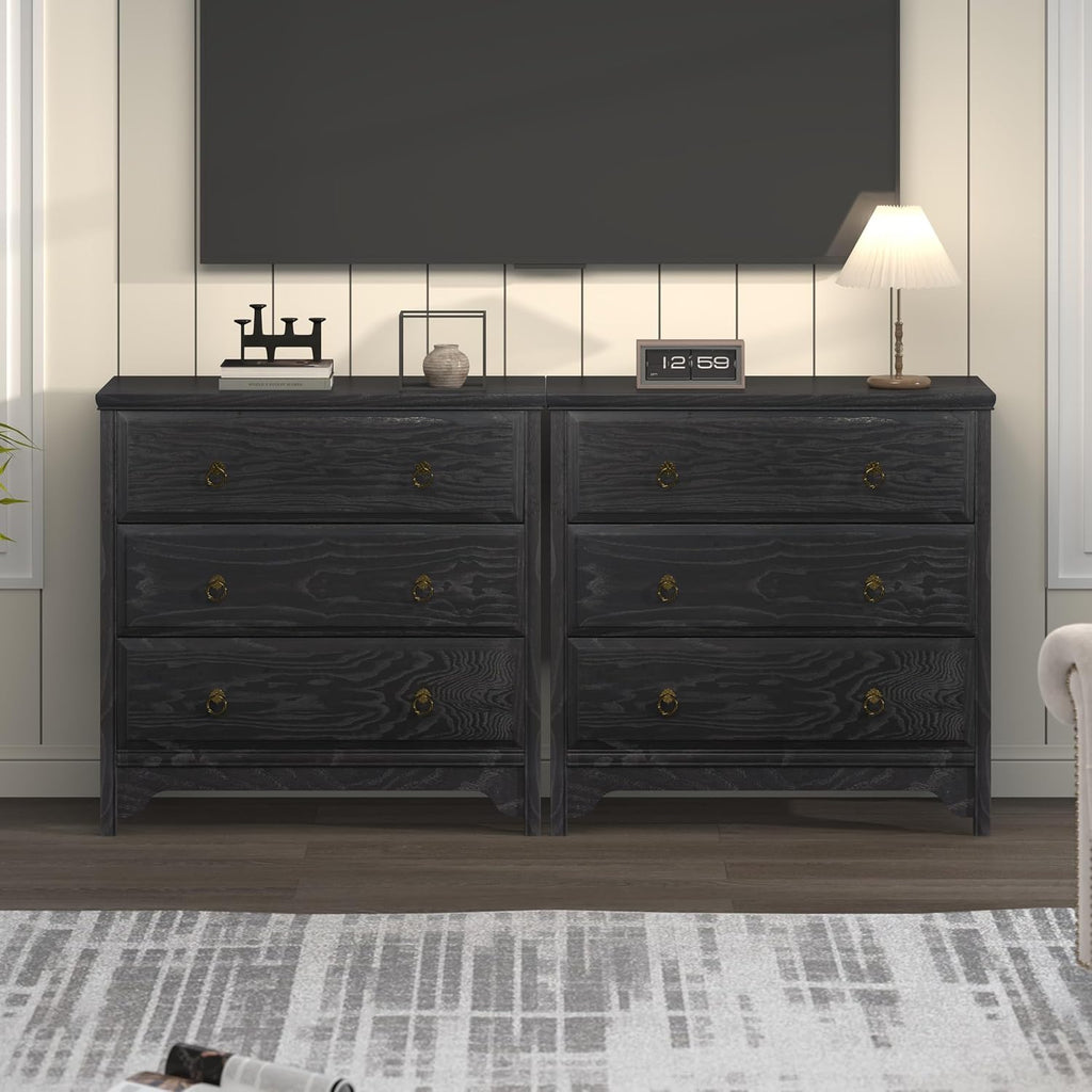 Chogori Farmhouse Solid Wood Nightstand, Rustic End Table with 3 Drawers & Vintage Ring Pulls, Sturdy Accent Side Table for Bedroom, Living Room, Hallway (Black-3 Drawers)
