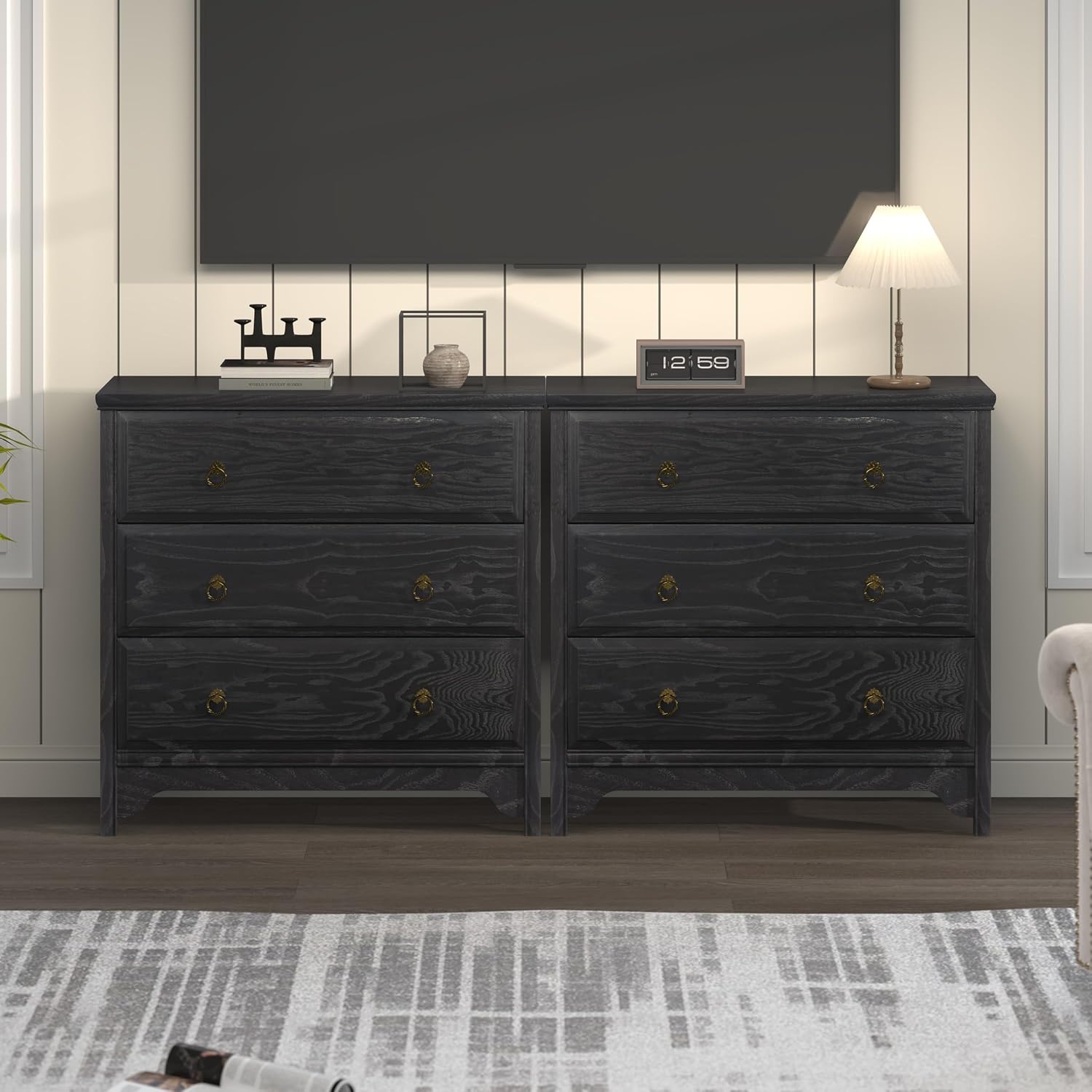 Chogori Farmhouse Solid Wood Nightstand, Rustic End Table with 3 Drawers & Vintage Ring Pulls, Sturdy Accent Side Table for Bedroom, Living Room, Hallway (Black-3 Drawers)