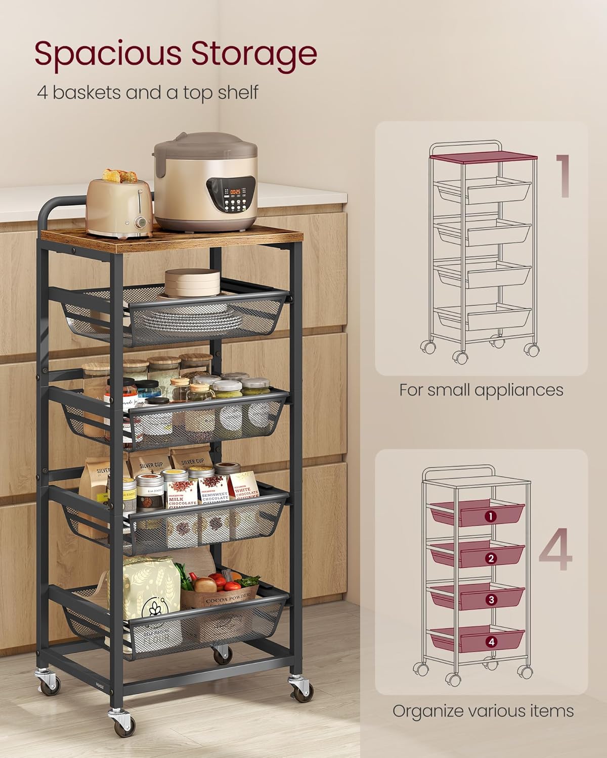 VASAGLE Storage Rolling Cart with Pull-Out Baskets, 5-Tier Utility Cart Orgnizer with Wheels for Laundry Room, Kitchen, Handle, 12.5 x 15.8 x 37.4 Inches, Rustic Brown and Ink Black ULRC041K01