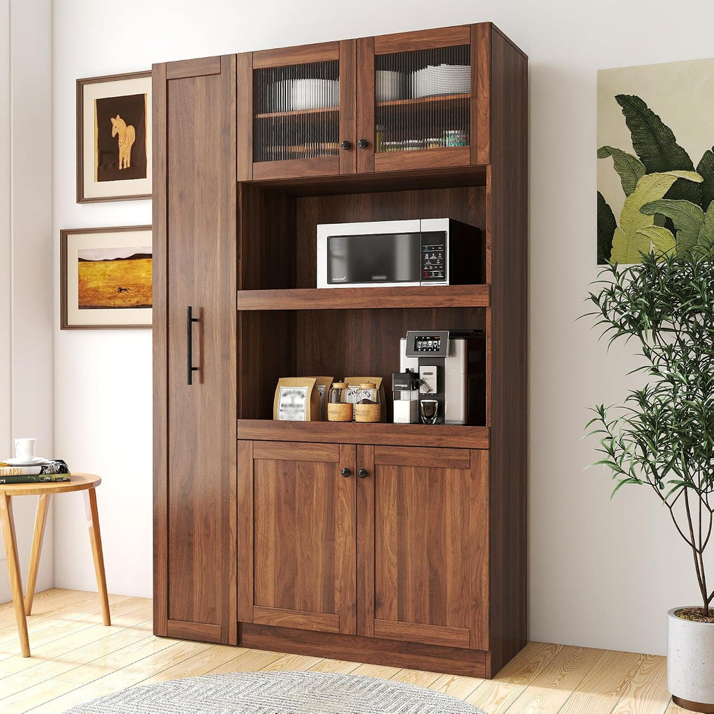 Farmhouse Kitchen Pantry Cabinet with Multi-Functional Pull-Out Shelves - 4 Doors, Multi-Tier Storage, Perfect for Kitchen & Dining Room