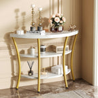 39.4" Console Table with Half Moon Wood Shelves, 3 Tier Modern Entryway Table with Curved Metal Frames, Narrow Sofa Couch Table for Hallway, Entrance, Living Room, Foyer, White Marble & Gold