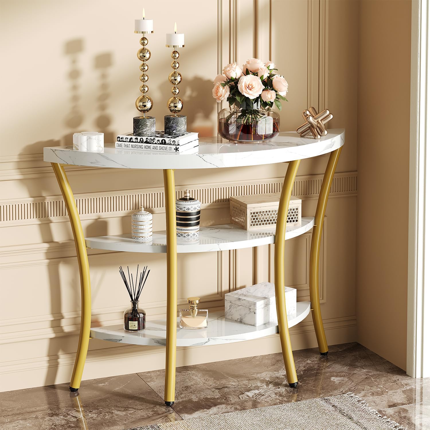 39.4" Console Table with Half Moon Wood Shelves, 3 Tier Modern Entryway Table with Curved Metal Frames, Narrow Sofa Couch Table for Hallway, Entrance, Living Room, Foyer, White Marble & Gold