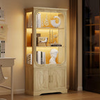 69" Tall Display Cabinet with Glass Doors, Curio Cabinet with 3 LED Lights and Human Body Sensor, Glass Display Case with Storage Cabinet for Living Room, Oak