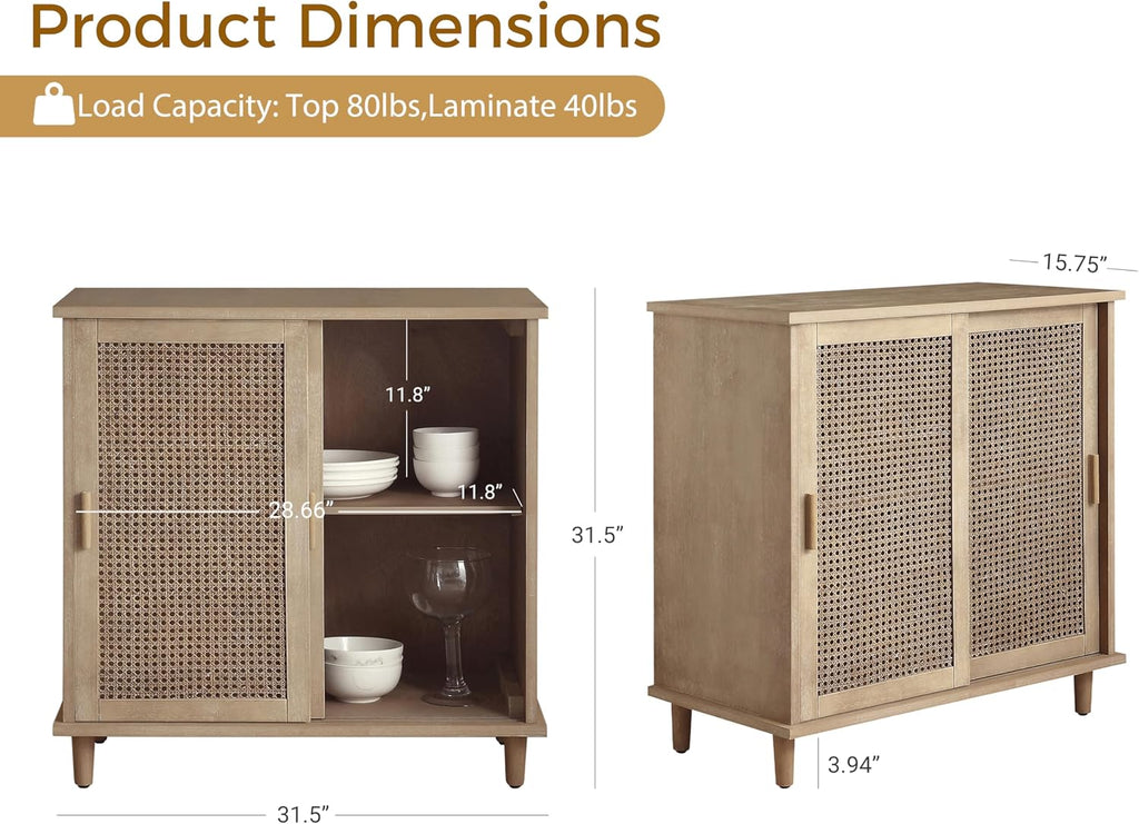 Fat Ant Sideboard Buffet Storage Cabinet, Rattan Credenza Buffet Table, Boho Console Accent Cabinet with Sliding Doors, Coffee Bar Cabinets for Kitchen Entryway Living Room, Natural