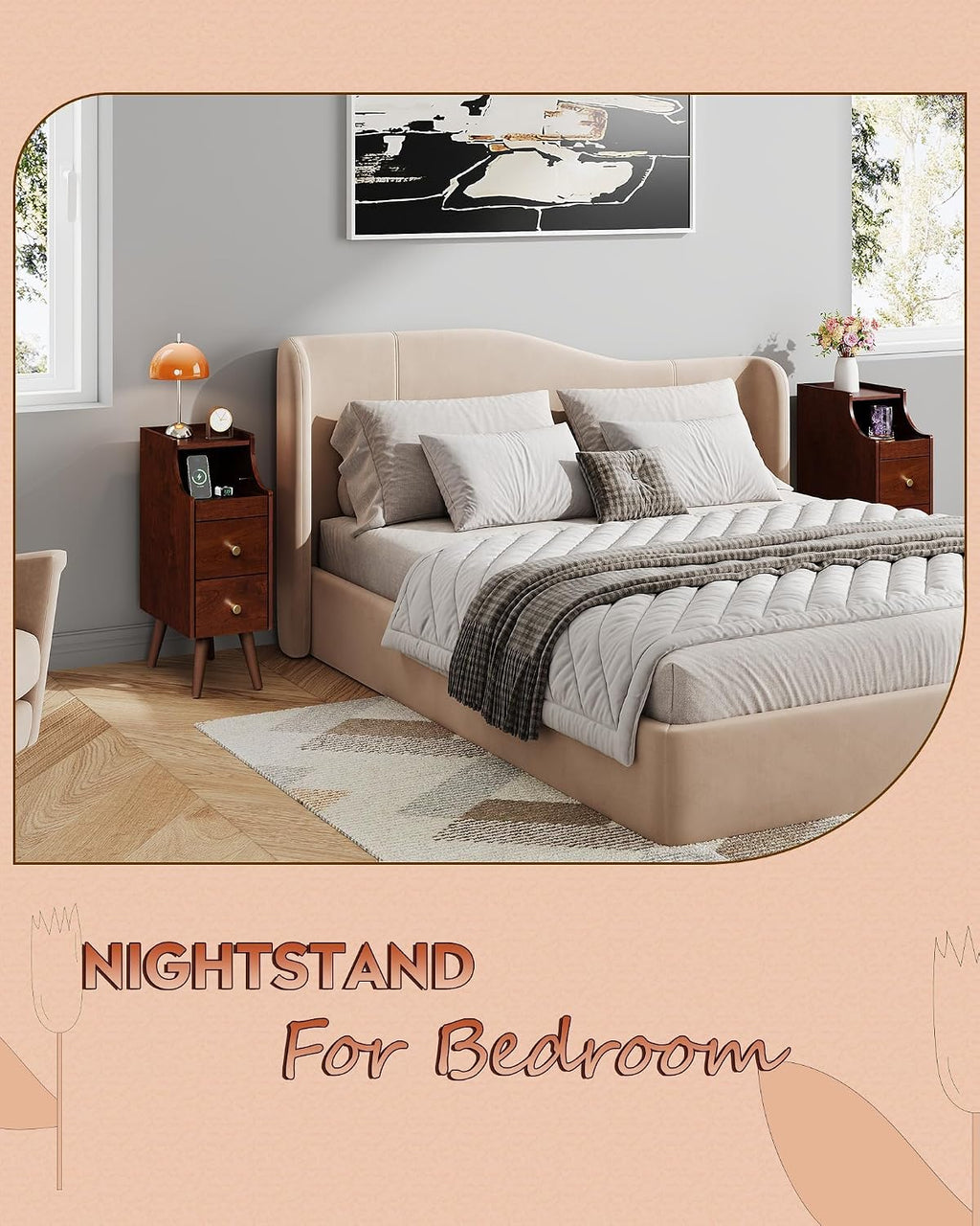 WLIVE Narrow Nightstand with Drawers, Narrow Bedside Tables with Open Shelf & Cable Hole, Small Nightstand for Bedroom, Modern Storage Side Table for Small Spaces/Living Room, Cherry
