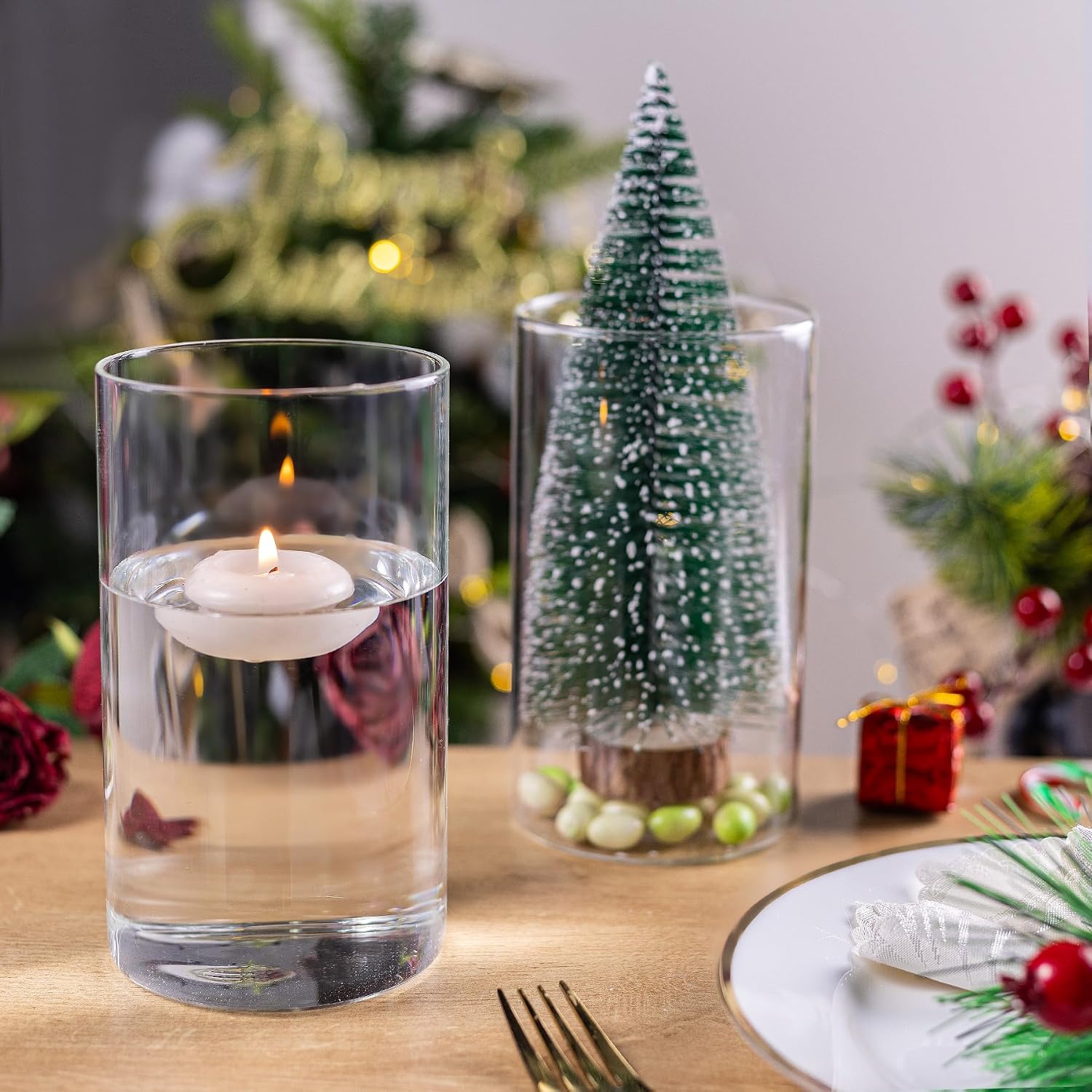 UPBUD 6 Inch Glass Cylinder Vases for Centerpieces | 12Pcs Clear Small Flower Vase for Wedding Decorations, Floating Candle Vases in Bulk, Hurricane Candle Holders for Table, Home Décor
