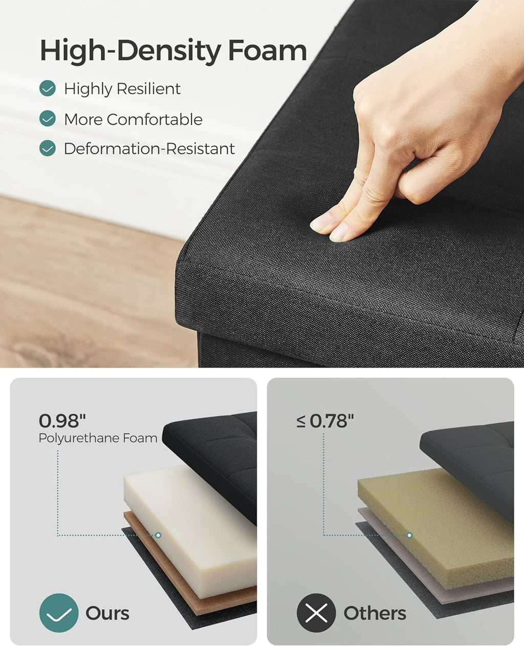 SONGMICS MAZIE Collection - 43 Inches Folding Storage Ottoman Bench, Ottoman Foot Rest, End of Bed Bench, Storage Chest, Load 660 lb, for Living Room, Bedroom, Entryway, Ink Black ULSF077B01