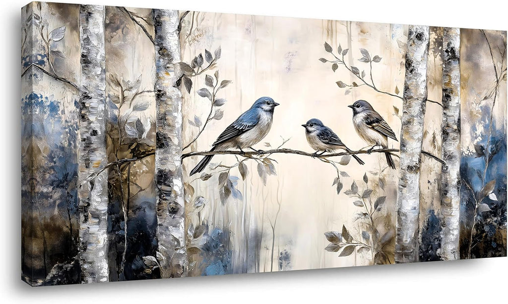 Ggaafet Beige Sparrow Bird Wall Art Decor for Bedroom Cute Chickadee Birds Canvas Pictures Birch Tree Woods Painting Prints Deco Wildlife Artwork